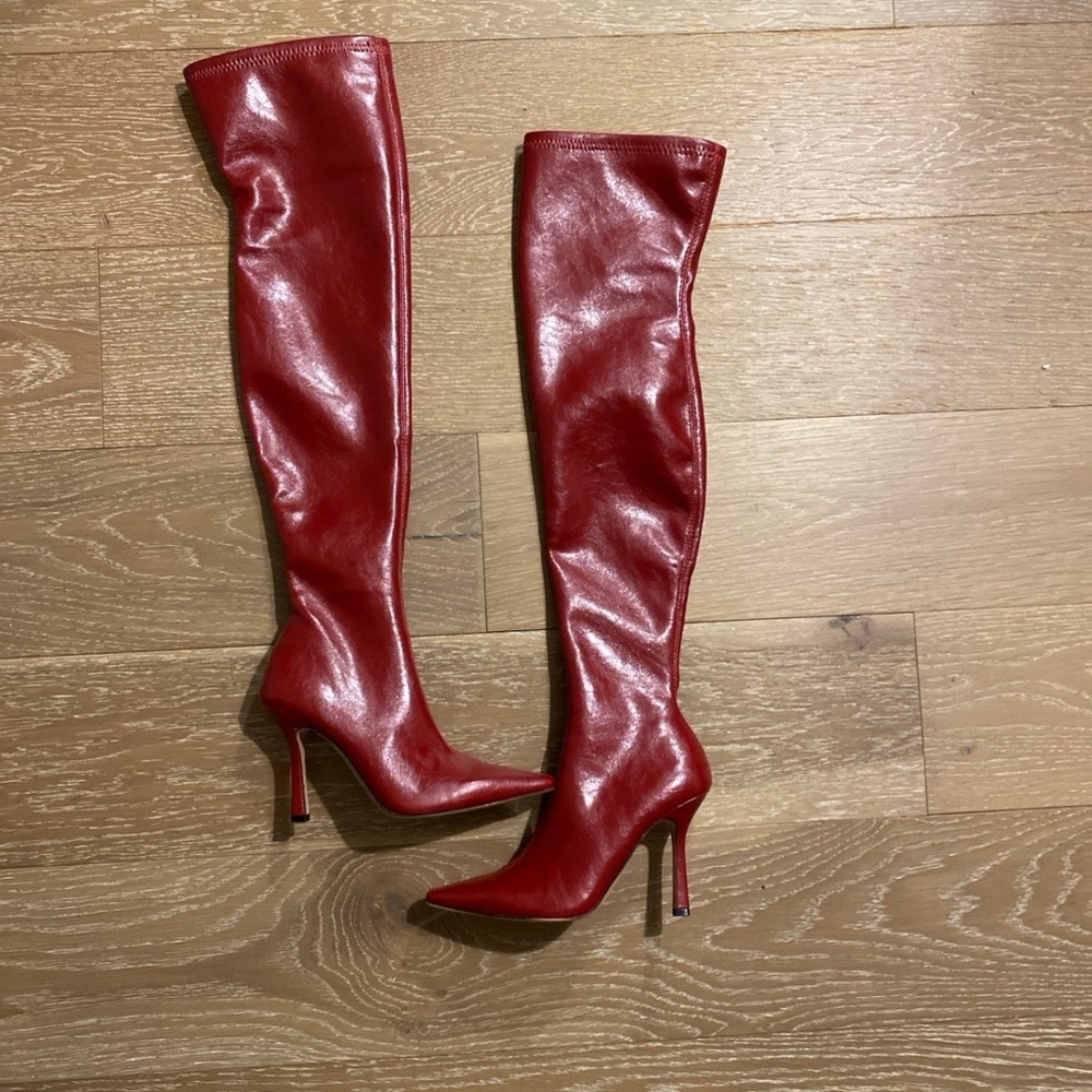 Thigh high red boots